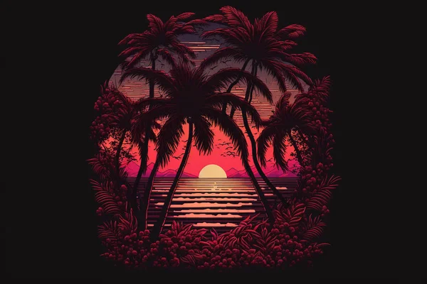 Retro Zonsondergang Landschap Avonds Het Strand Met Palmbomen Kleurrijke Foto — Stockfoto