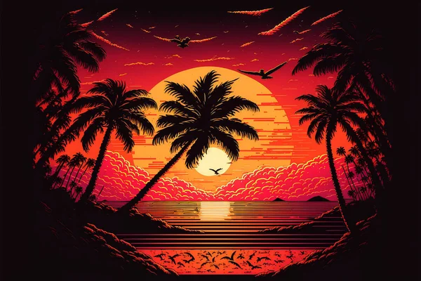 Yılların Retro Günbatımı Manzarası Plajda Palmiye Ağaçları Dinlenmek Için Renkli — Stok fotoğraf