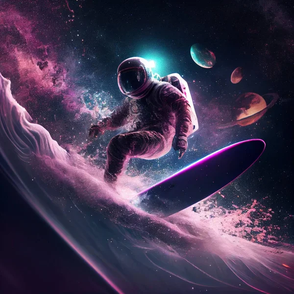 Astronautas Surfam Uma Prancha Espaço Com Estrelas Planetas — Fotografia de Stock