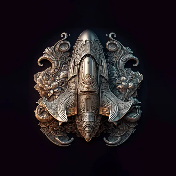 steel space shuttle wearing mercury armor with epic Paisley Patterned Filigree design, atmosphere, galaxy