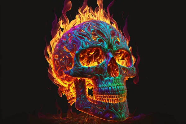 Crâne Satanique Flammes Dans Les Ténèbres — Photo