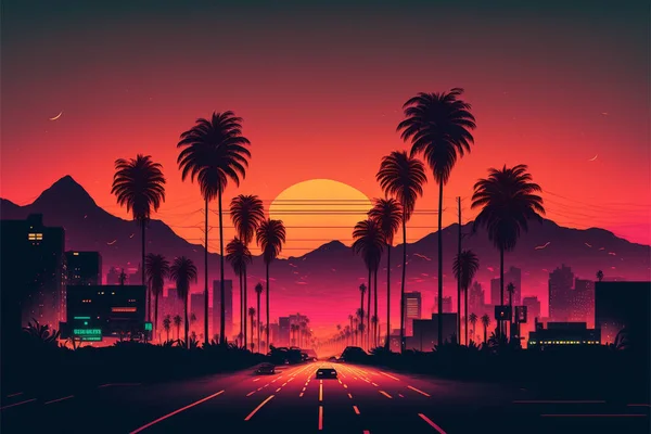 Синхронний Захід Сонця Пейзаж Пальмами Ретро Хвиля — стокове фото