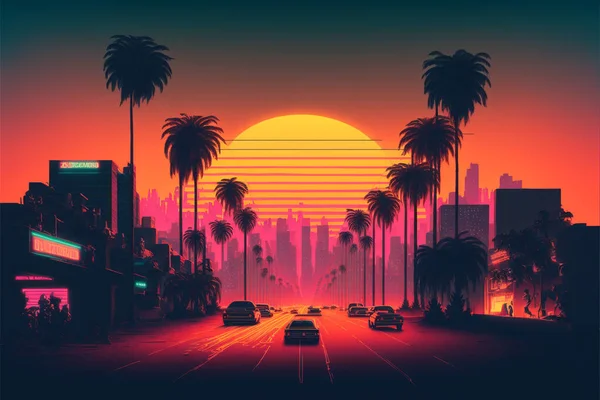 Synthwave Sonnenuntergang Landschaft Mit Palmen Retrowelle — Stockfoto