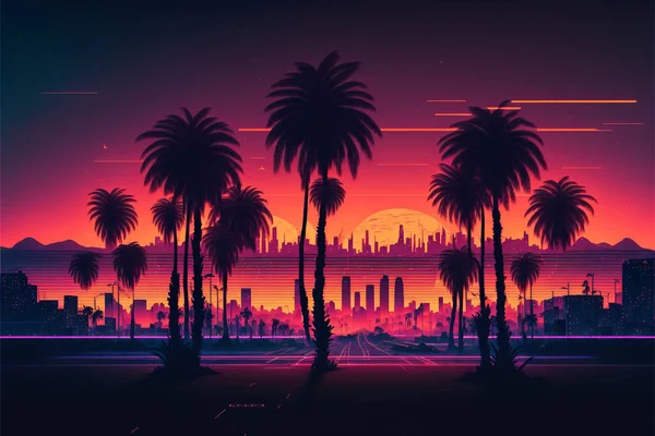 Синхронний Захід Сонця Пейзаж Пальмами Ретро Хвиля — стокове фото