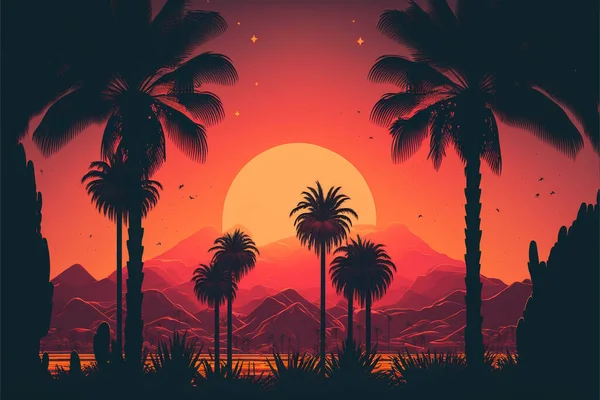 Пальмовий Фон Стиль Ландшафт Заходу Сонця Образ Старого Ретро Вінтажного — стокове фото