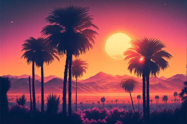 Fondo Palma Estilo Paisaje Puesta Sol Imagen Estilo Antiguo Retro —  Fotos de Stock