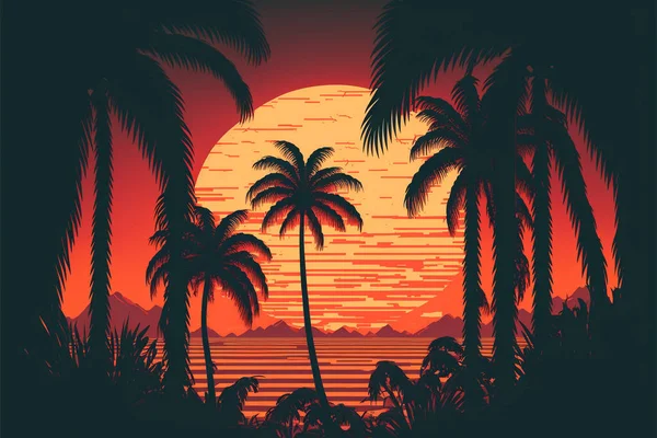 Palmhintergrund 80Er 90Er Jahre Stil Landschaft Des Sonnenuntergangs Bild Von — Stockfoto