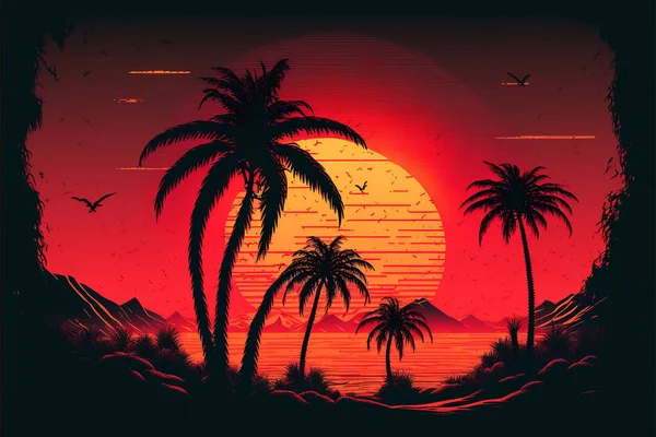 Palmhintergrund 80Er 90Er Jahre Stil Landschaft Des Sonnenuntergangs Bild Von — Stockfoto