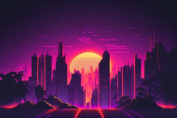 80S Retro Sci Pozadí Night City Skyline Synthwave Zářící Neonová — Stock fotografie