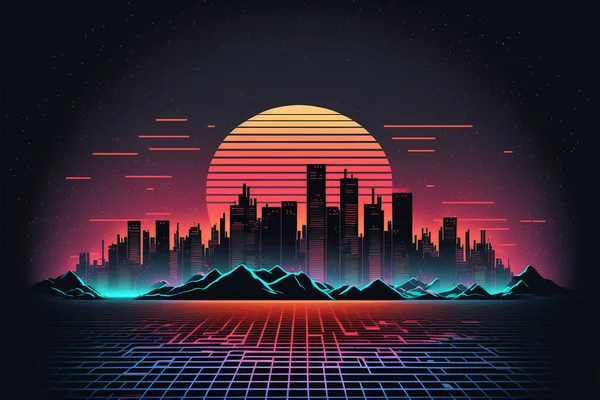 Retro Sci Latar Belakang Dengan Night City Skyline Synthwave Bersinar — Stok Foto