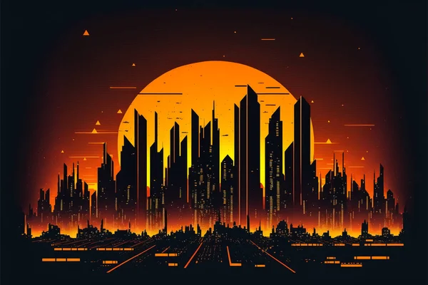 Années Rétro Sci Arrière Plan Avec Night City Skyline Synthwave — Photo