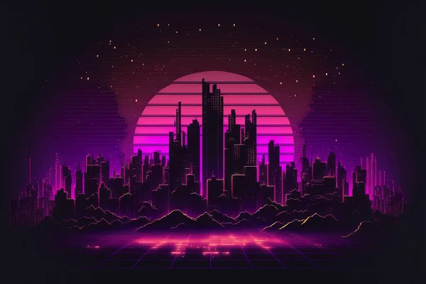 80S Retro Sci Fondo Con Night City Skyline Synthwave Brillante — Foto de Stock