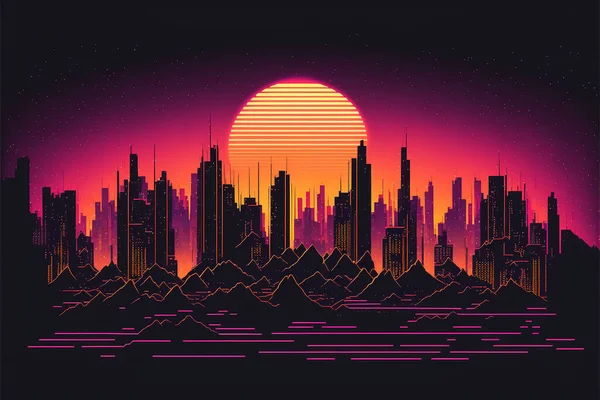 Retro Sci Latar Belakang Dengan Night City Skyline Synthwave Bersinar — Stok Foto
