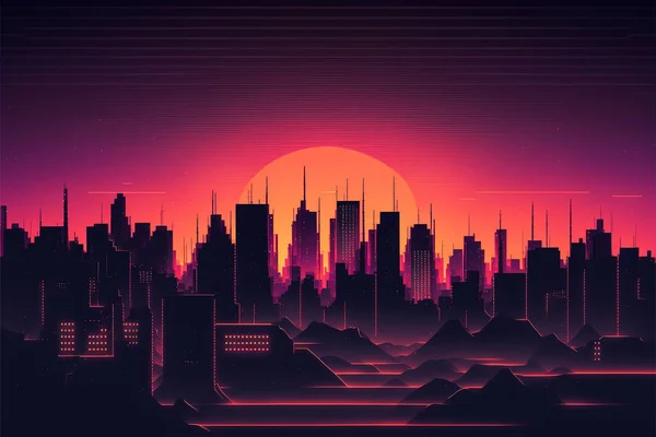 Retro Sci Background Night City Skyline Synthwave Λαμπερό Νέον Φως — Φωτογραφία Αρχείου