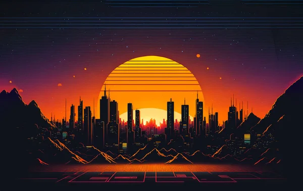 80S Retro Sci Fondo Con Night City Skyline Synthwave Brillante —  Fotos de Stock