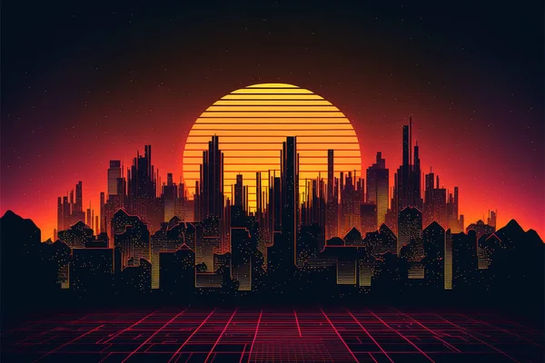 Évek Retro Sci Háttér Night City Skyline Synthwave Izzó Neon — Stock Fotó