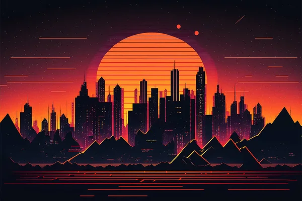 80S Retro Sci Achtergrond Met Night City Skyline Synthwave Gloeiende — Stockfoto