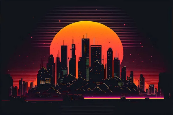 80S Retro Sci Achtergrond Met Night City Skyline Synthwave Gloeiende — Stockfoto