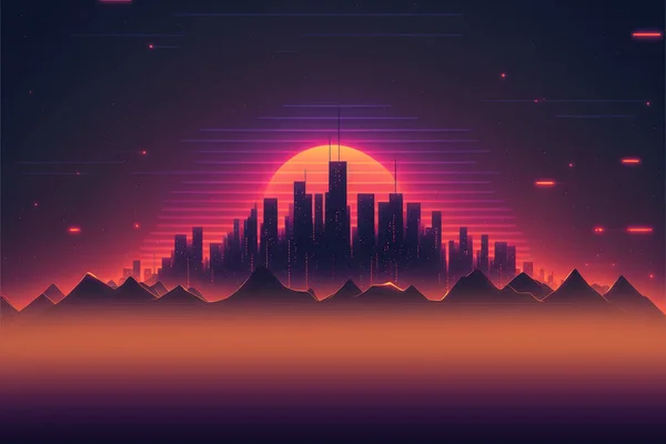 80S Retro Sci Tło Night City Skyline Synthwave Świecące Neonowe — Zdjęcie stockowe