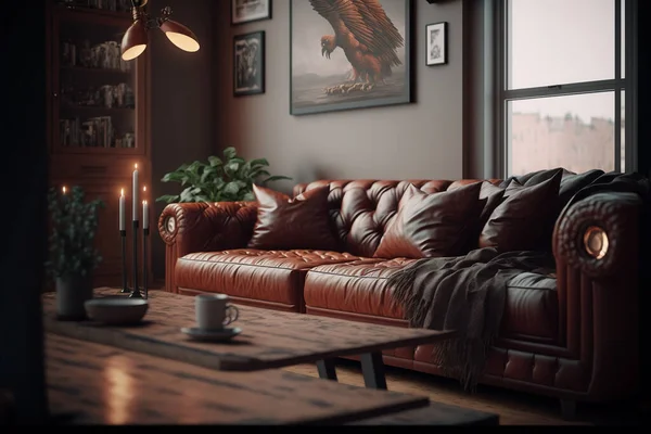 Wohnzimmer Mit Einem Lederflügelsofa Einem Schattigen — Stockfoto