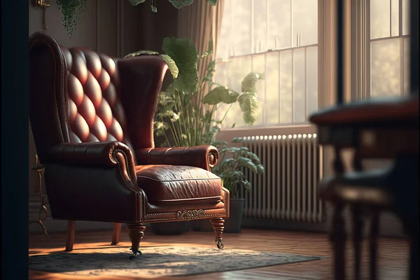 日陰で革の翼のソファ付きのリビングルーム — ストック写真