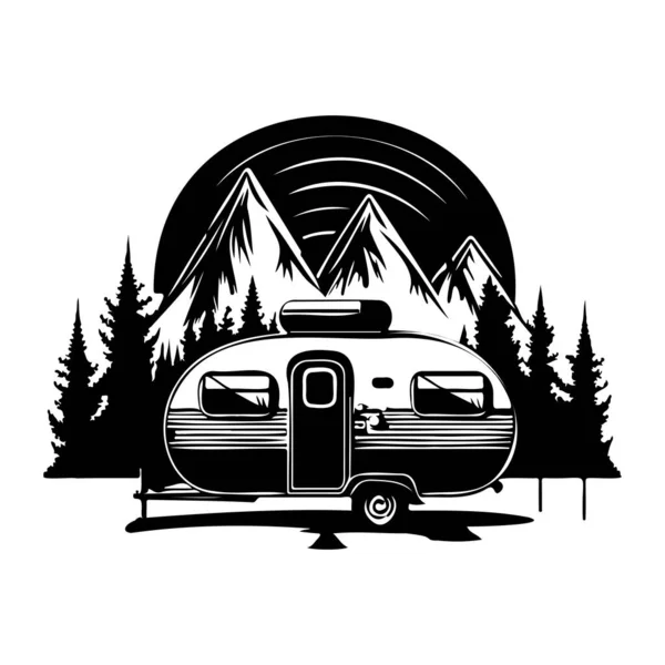 Camper Camp Camping Site Mountains Tree Camping Woods Campsite Trailer — Stock Vector