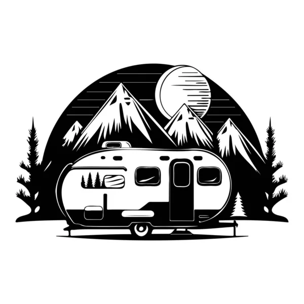 Camper Camp Camping Site Mountains Tree Camping Woods Campsite Trailer — Stock Vector