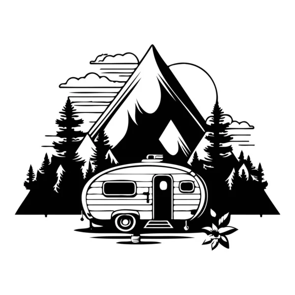 Camping Campista Camping Con Montañas Árboles Camping Bosque Camping Con — Archivo Imágenes Vectoriales