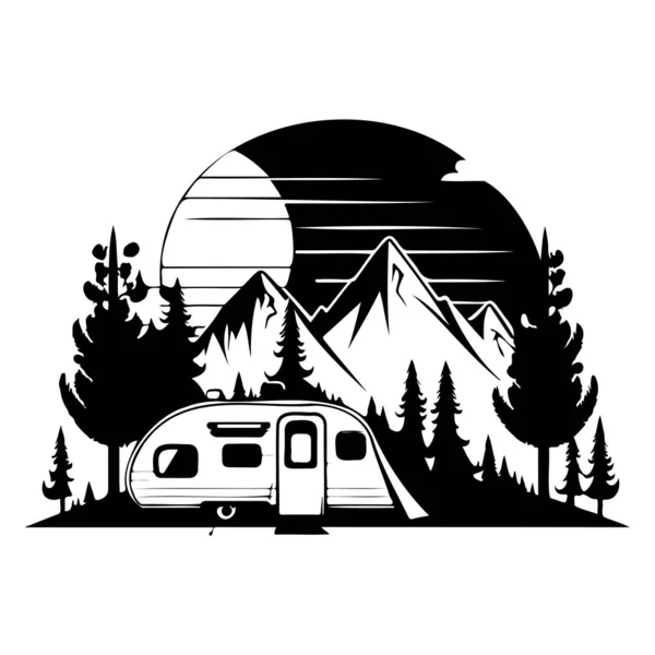 stock vector camper camp camping site with mountains and tree, camping in the woods, campsite with trailer landscape in retro style