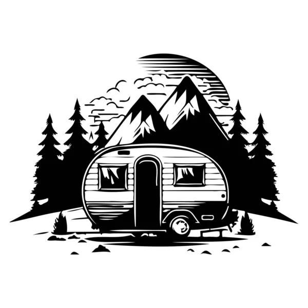 Camping Campista Camping Con Montañas Árboles Camping Bosque Camping Con — Vector de stock