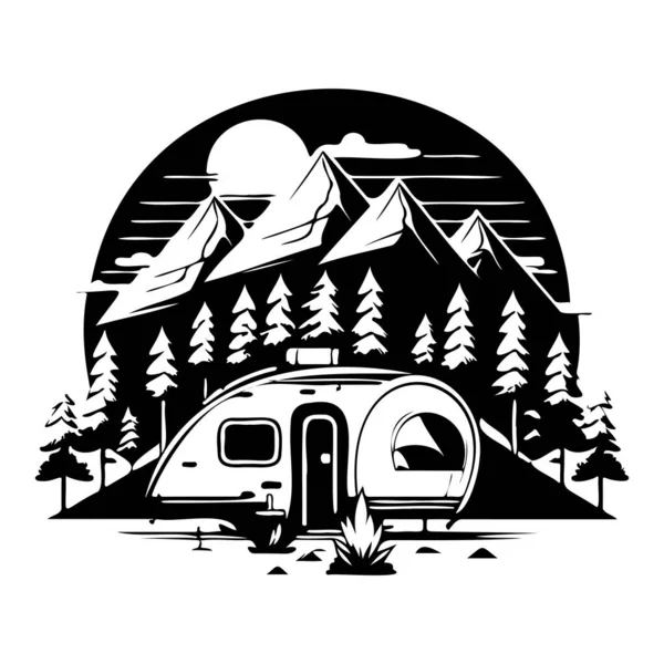 Kampeerterrein Met Bergen Bomen Camping Het Bos Camping Met Caravanlandschap — Stockvector