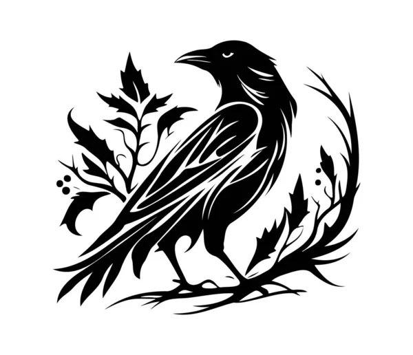 Μαύρα Πουλιά Ρέιβεν Κοράκι Πύργος Τσακάλι Εικονογράφηση Διάνυσμα Ρετρό Στυλ — Διανυσματικό Αρχείο