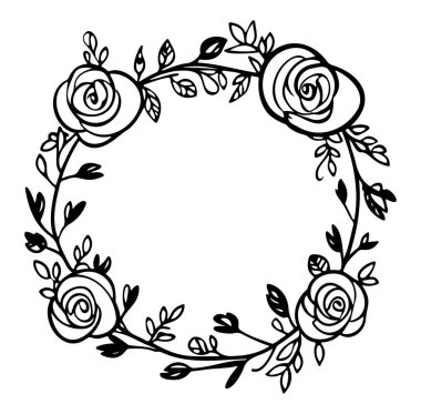 Sanatsal Projeler için Zarif Siyah ve Beyaz Doodle Gül Çelengi Tasarımı