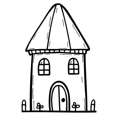 Sivri uçlu çatısı ve bahçesi olan basit el çizimi bir ev.