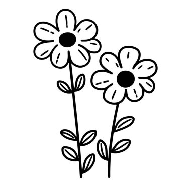 Beyaz Arkaplanda Siyah Çizgili Yapraklı İki El Çekimi Çiçeği