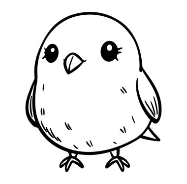 Büyük Gözlü ve Yuvarlak Gövdeli Sevimli Çizgi Film Kuşu Siyah ve Beyaz Tarzlı