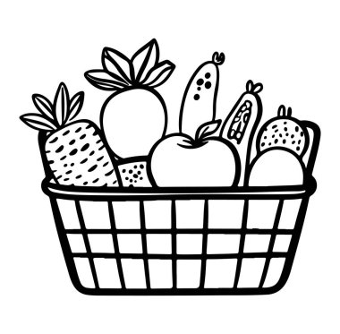 Bu el çizimi resimde çeşitli meyve ve sebzelerle dolu bir sepet yer alıyor. Tazelik ve beslenmeyi somutlaştırır, sağlıkla ilgili konular için mükemmeldir..