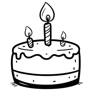Mumlarla kaplı, neşe ve kutlamayı sembolize eden bir doğum günü pastasının el çizimi. Parti temalı tasarımlar için mükemmel.