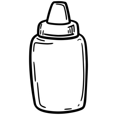 Bu el çizimi resimde, beyaz bir arka planda basit bir dizayn içinde hardal şişesi yer alıyor. Mutfakla ilgili projeler ve yemek temalı sanat eserleri için mükemmel..