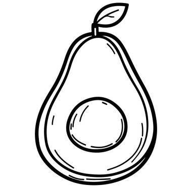 Elle çizilmiş bir avokado çizimi. İçinde olgun bir meyve ve tek bir yaprak var. Sağlık, beslenme ve taze gıdayla ilgili tasarım projeleri için mükemmel..