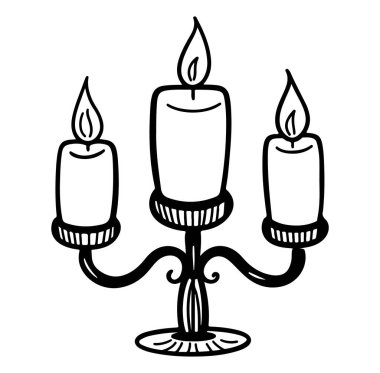 Zarif bir şamdanın içinde üç mum bulunan, her ortama sıcaklık ve ortam sunan büyüleyici bir el çizimi. Dekorasyon ve tasarım için mükemmel..