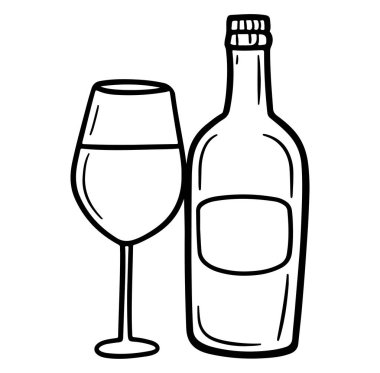 Bu el çizimi resimde bir şarap şişesi ve berrak sıvıyla dolu bir bardak yer alıyor. Yemek ve eğlence temalarını canlandırmak için mükemmel..