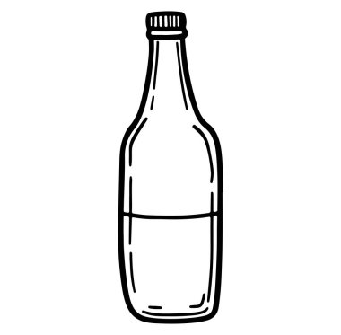 Bu el çizimi resimde suyla dolu berrak bir cam şişe var. Minimalist tasarım saflığı ve basitliği vurguluyor, çevre dostu temalar için mükemmel..