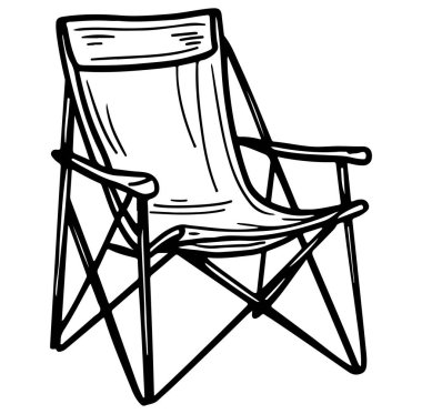 Bu el çizimi illüstrasyonda basit çizgiler ve çok yönlü, açık hava ve kapalı alan ayarları için ideal bir katlanabilir sandalye sergileniyor..