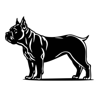 Bu çarpıcı siyah siluet güçlü bir köpeğin profilini oluşturuyor, kaslı yapısını ve dinamik formunu gösteriyor. Hayvanlarla ilgili temalar için ideal.