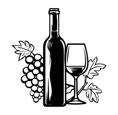 Vintage Şarap Şişesi ve Üzüm ve Yaprak Resimli Cam