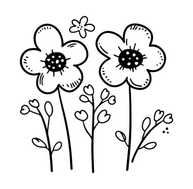 Çiçek ve Yapraklar Siyah ve Beyaz Elle Çizilmiş Çiçek