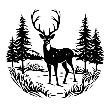 Doğadaki Çam Ağaçlarının Ortasındaki Geyiğin Siyah ve Beyaz Çizimi