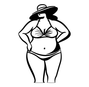 Bikini 'deki kendine güvenen artı beden kadın güneş şapkası kucaklayan vücut pozitifliği