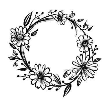 Yapraklar ve Çiçeklerle El Çizimi Çelenk Tasarımı